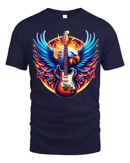 Epic Flaming Guitar Eagle T Shirt With Rock Music Power Art - navy t-shirt on white background