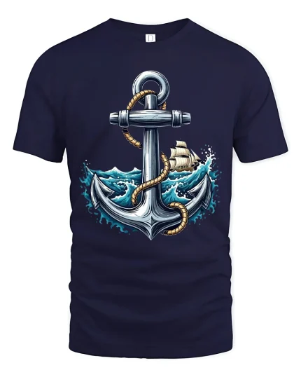 Nautical Anchor T Shirt With Ocean Waves And Sailing Spirit - navy t-shirt on white background