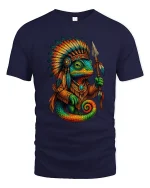 Tribal Chameleon Warrior Graphic T Shirt With Bold Ancient Spirit - navy t-shirt on white background