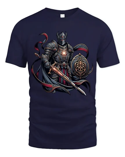 Dark Knight Warrior Tee With Epic Fantasy Armor And Blade Art - navy t-shirt on white background