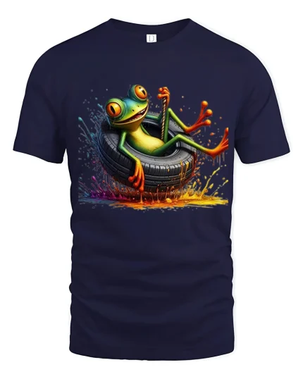 Funny Relaxed Frog Tee With Color Splash Cartoon Adventure Art - navy t-shirt on white background