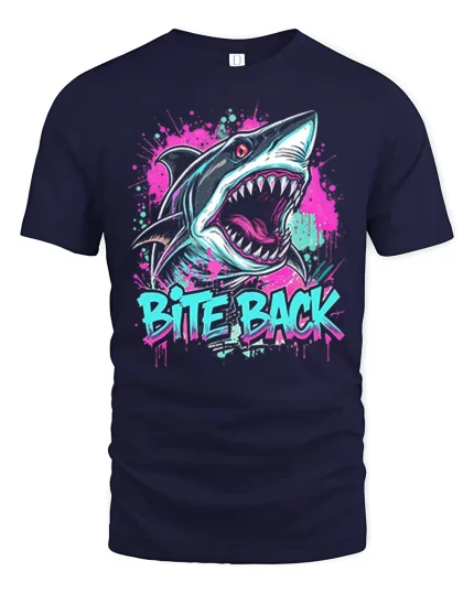 Bite Back Shark Tee With Neon Graffiti Art And Fierce Attitude - navy t-shirt on white background