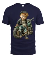 Vintage Rebel Kid Motorcycle Graphic T Shirt With Cool Retro Vibe - navy t-shirt on white background