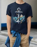 Nautical Anchor T Shirt With Ocean Waves And Sailing Spirit - model wearing navy tee with hands in pockets