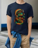 Tribal Chameleon Warrior Graphic T Shirt With Bold Ancient Spirit - model wearing navy tee with hands in pockets