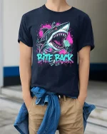 Bite Back Shark Tee With Neon Graffiti Art And Fierce Attitude - model wearing navy tee with hands in pockets
