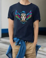 Urban Owl Street Art Graphic T Shirt With Colorful Hip Hop Style - model wearing navy tee with hands in pockets