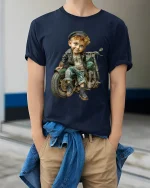 Vintage Rebel Kid Motorcycle Graphic T Shirt With Cool Retro Vibe - model wearing navy tee with hands in pockets
