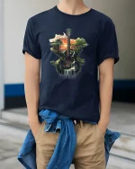 Nature Guitar Harmony Graphic T Shirt With Forest Music Soul - model wearing navy tee with hands in pockets
