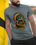 Tribal Chameleon Warrior Graphic T Shirt With Bold Ancient Spirit - model wearing grey tee, leaning on column