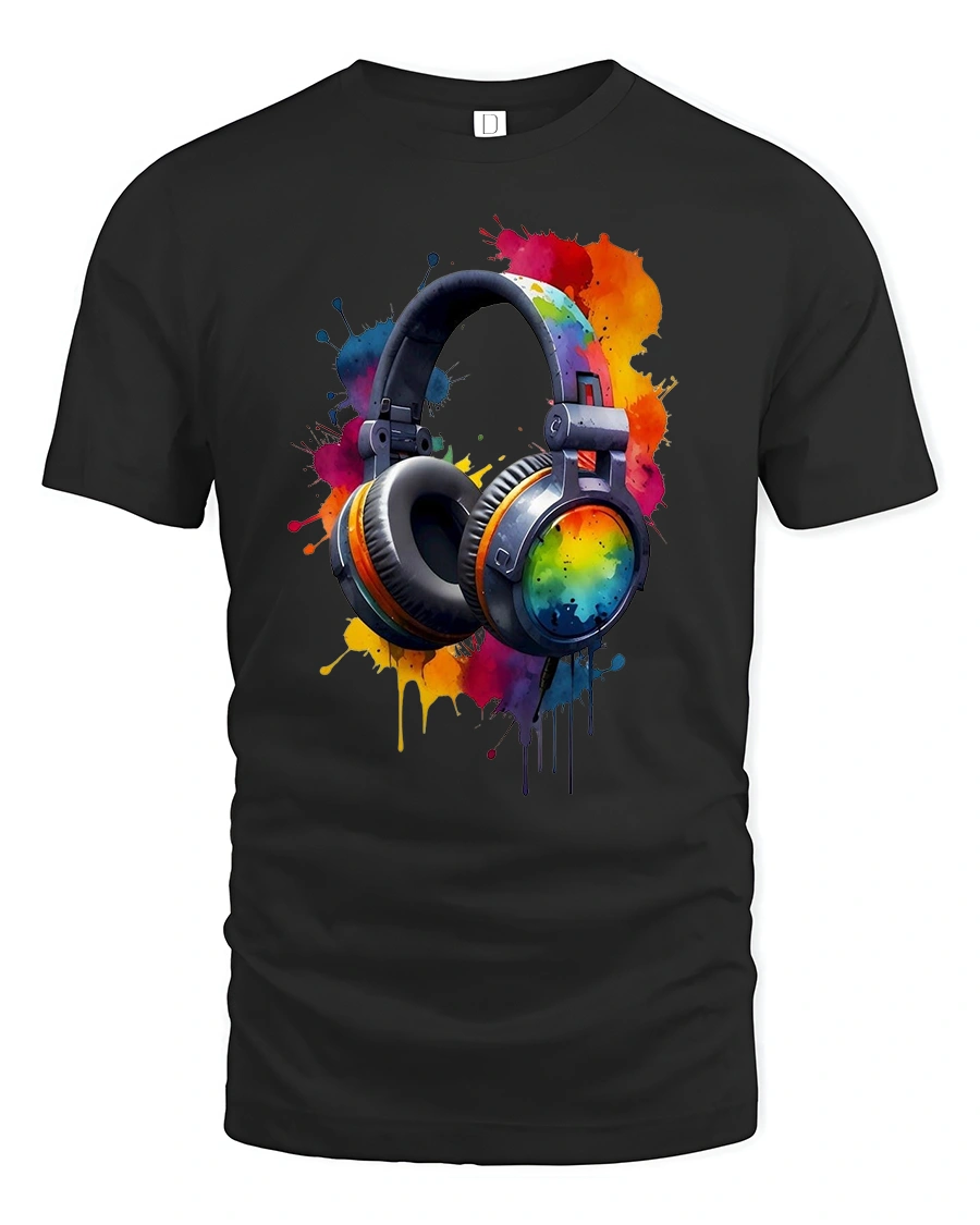 Vibrant Splash Headphones Art Tee for Music Lovers T-Shirt - 1 Vibrant Splash Headphones Art Tee for Music Lovers T-Shirt - black t-shirt on white background