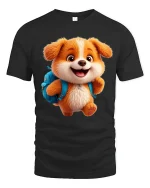 Cute School Puppy Backpack Graphic Tee Fun Kids Cartoon Shirt - black t-shirt on white background
