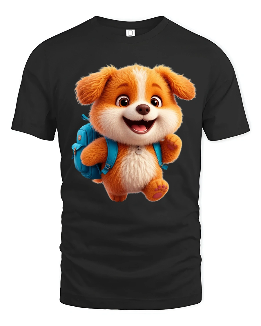 Cute School Puppy Backpack Graphic Tee Fun Kids Cartoon Shirt - 1 Cute School Puppy Backpack Graphic Tee Fun Kids Cartoon Shirt - black t-shirt on white background