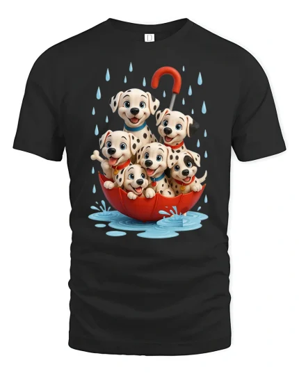 Cute Spotted Puppies Umbrella Graphic Tee Fun Rainy Day Shirt - black t-shirt on white background