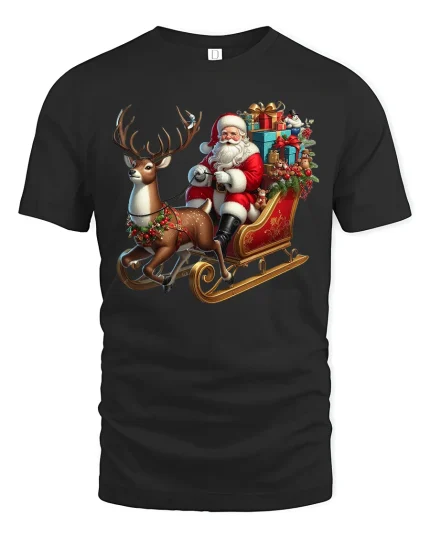 Santa Sleigh Christmas Reindeer Graphic Tee Festive Holiday Shirt - black t-shirt on white background