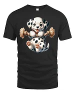 Cute Spotted Puppy Tug Rope Graphic Tee Fun Playful T-Shirt - black t-shirt on white background