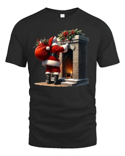 Santa at Chimney Christmas Graphic Tee Festive Holiday T-Shirt - black t-shirt on white background