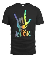 Rainbow Rock Hand Sign Graphic Tee Colorful Music Style Shirt - black t-shirt on white background