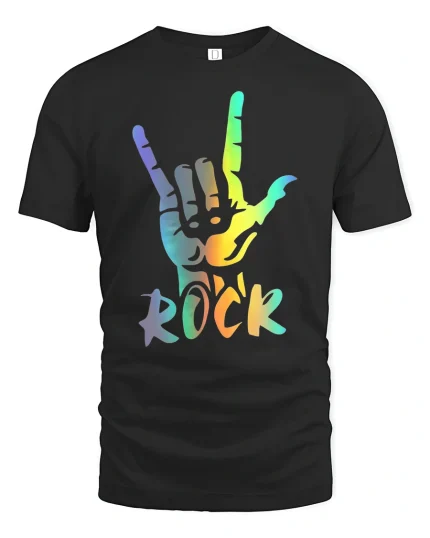 Rainbow Rock Hand Sign Graphic Tee Colorful Music Style Shirt - black t-shirt on white background