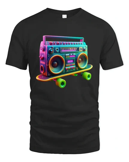 Retro Boombox Skateboard Art Tee for Music Fans T-Shirt - black t-shirt on white background