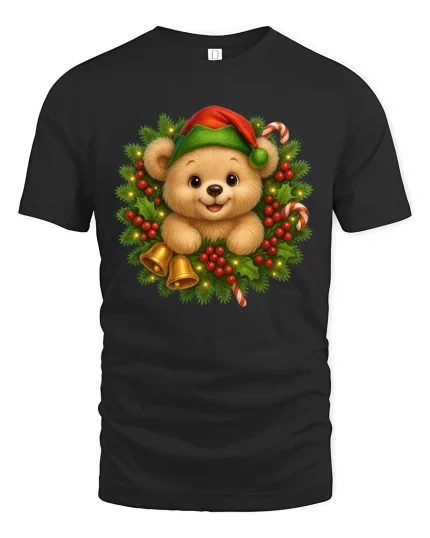 Cute Christmas Bear Wreath Graphic Tee Festive Holiday T-Shirt - black t-shirt on white background