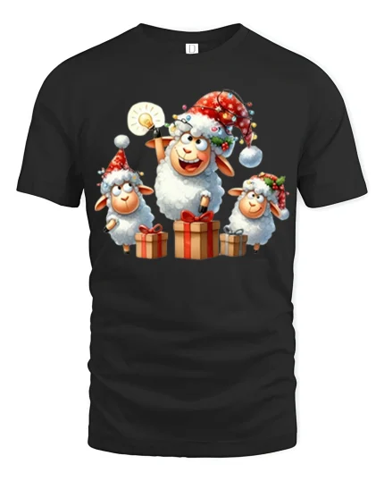 Cute Christmas Sheep Graphic Tee Festive Holiday Gift T-Shirt - black t-shirt on white background