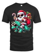 Cool Santa Riding Dinosaur Christmas Tee Funny Holiday T-Shirt - black t-shirt on white background