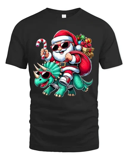 Cool Santa Riding Dinosaur Christmas Tee Funny Holiday T-Shirt - black t-shirt on white background