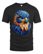Fierce Blue Hawk Art Tee Bold Colorful Bird Graphic T-Shirt - black t-shirt on white background