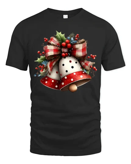 Christmas Bells Bow Wreath Graphic Tee Festive Holiday T-Shirt - black t-shirt on white background