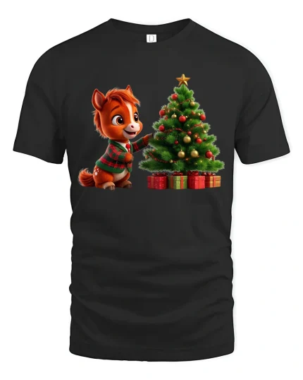 Cute Christmas Pony Decorating Tree Holiday Graphic Tee - black t-shirt on white background