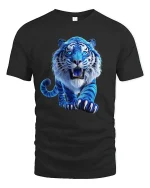 Blue Fierce Tiger Art Tee Powerful Wild Animal Graphic T-Shirt - black t-shirt on white background