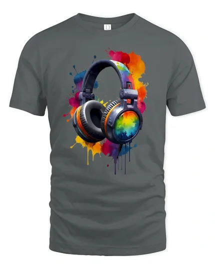 Vibrant Splash Headphones Art Tee for Music Lovers T-Shirt - gray t-shirt on white background