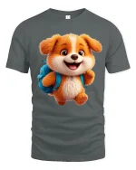 Cute School Puppy Backpack Graphic Tee Fun Kids Cartoon Shirt - gray t-shirt on white background