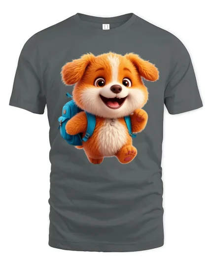 Cute School Puppy Backpack Graphic Tee Fun Kids Cartoon Shirt - gray t-shirt on white background