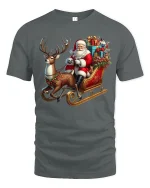 Santa Sleigh Christmas Reindeer Graphic Tee Festive Holiday Shirt - gray t-shirt on white background