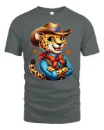 Cowboy Cheetah Cartoon Graphic Tee Cute Western Style T-Shirt - gray t-shirt on white background