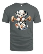 Cute Spotted Puppy Tug Rope Graphic Tee Fun Playful T-Shirt - gray t-shirt on white background