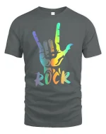 Rainbow Rock Hand Sign Graphic Tee Colorful Music Style Shirt - gray t-shirt on white background