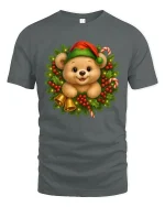 Cute Christmas Bear Wreath Graphic Tee Festive Holiday T-Shirt - gray t-shirt on white background