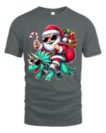 Cool Santa Riding Dinosaur Christmas Tee Funny Holiday T-Shirt - gray t-shirt on white background