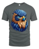 Fierce Blue Hawk Art Tee Bold Colorful Bird Graphic T-Shirt - gray t-shirt on white background