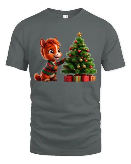Cute Christmas Pony Decorating Tree Holiday Graphic Tee - gray t-shirt on white background