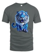 Blue Fierce Tiger Art Tee Powerful Wild Animal Graphic T-Shirt - gray t-shirt on white background