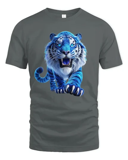 Blue Fierce Tiger Art Tee Powerful Wild Animal Graphic T-Shirt - gray t-shirt on white background