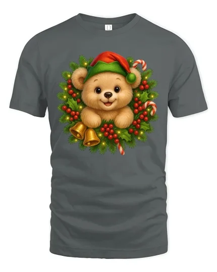 Cute Christmas Bear Wreath Graphic Tee Holiday Bells T-Shirt - gray t-shirt on white background