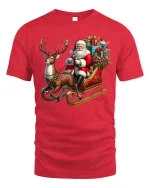 Santa Sleigh Christmas Reindeer Graphic Tee Festive Holiday Shirt - red t-shirt on white background