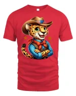 Cowboy Cheetah Cartoon Graphic Tee Cute Western Style T-Shirt - red t-shirt on white background