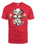 Cute Spotted Puppy Tug Rope Graphic Tee Fun Playful T-Shirt - red t-shirt on white background
