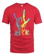Rainbow Rock Hand Sign Graphic Tee Colorful Music Style Shirt - red t-shirt on white background